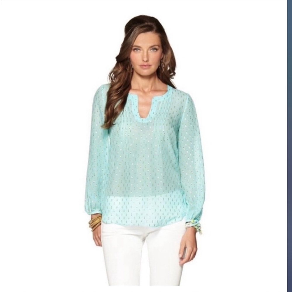 Beautiful Pristine Lilly Pulitzer Silk Colby Top sz L Tiffany Blue Aqua Gold